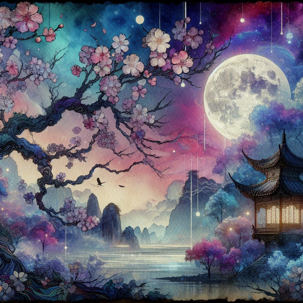 Pastel Moon Landscape in Digital Watercolor Style