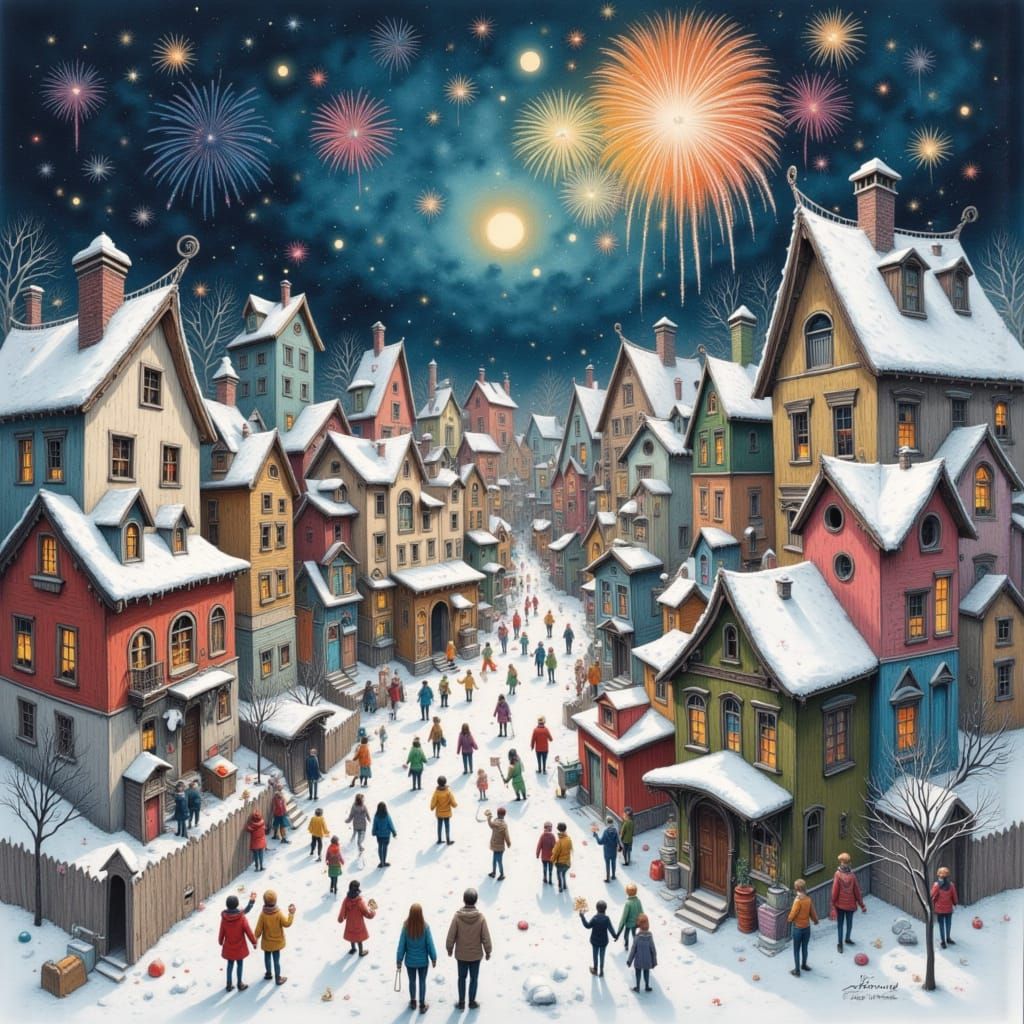 New Year's Eve Town Celebration with Wet Watercolor Firework...