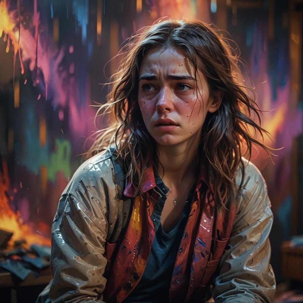 Frightened Woman Crying in Abstract Room: Hyperrealistic Art