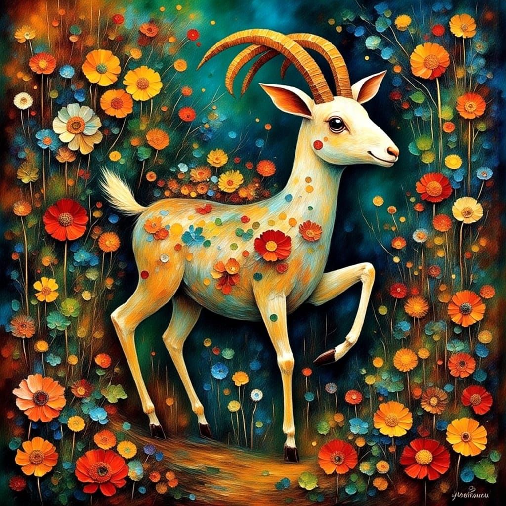 Whimsical Floral Goat in Muted Colors with Bright Accents
