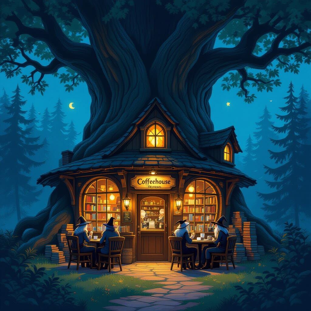 Magical Treehouse Coffeehouse & Bookstore in Comic Style