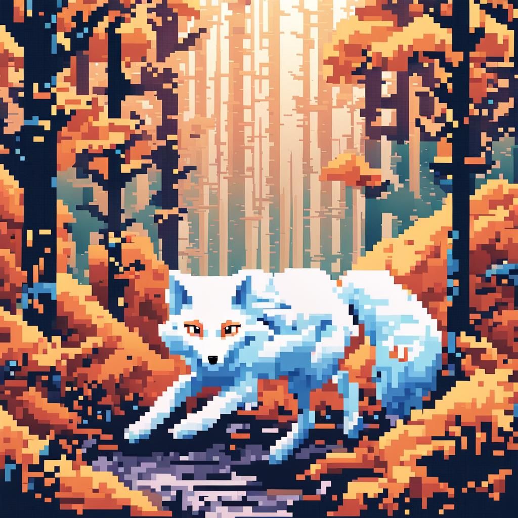 Pixelated White Fox in Anime-Inspired Forest