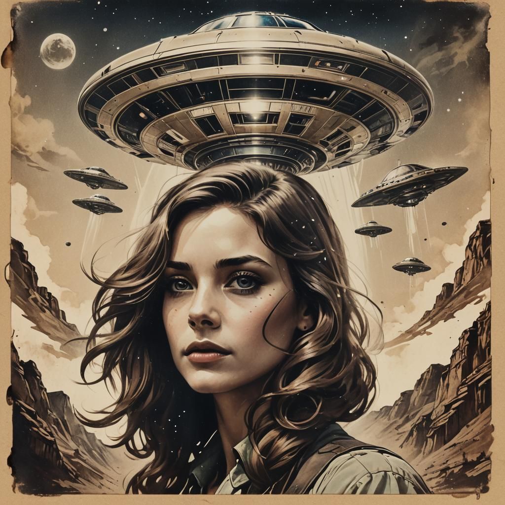 UFO Hovering in Retro Polaroid Style