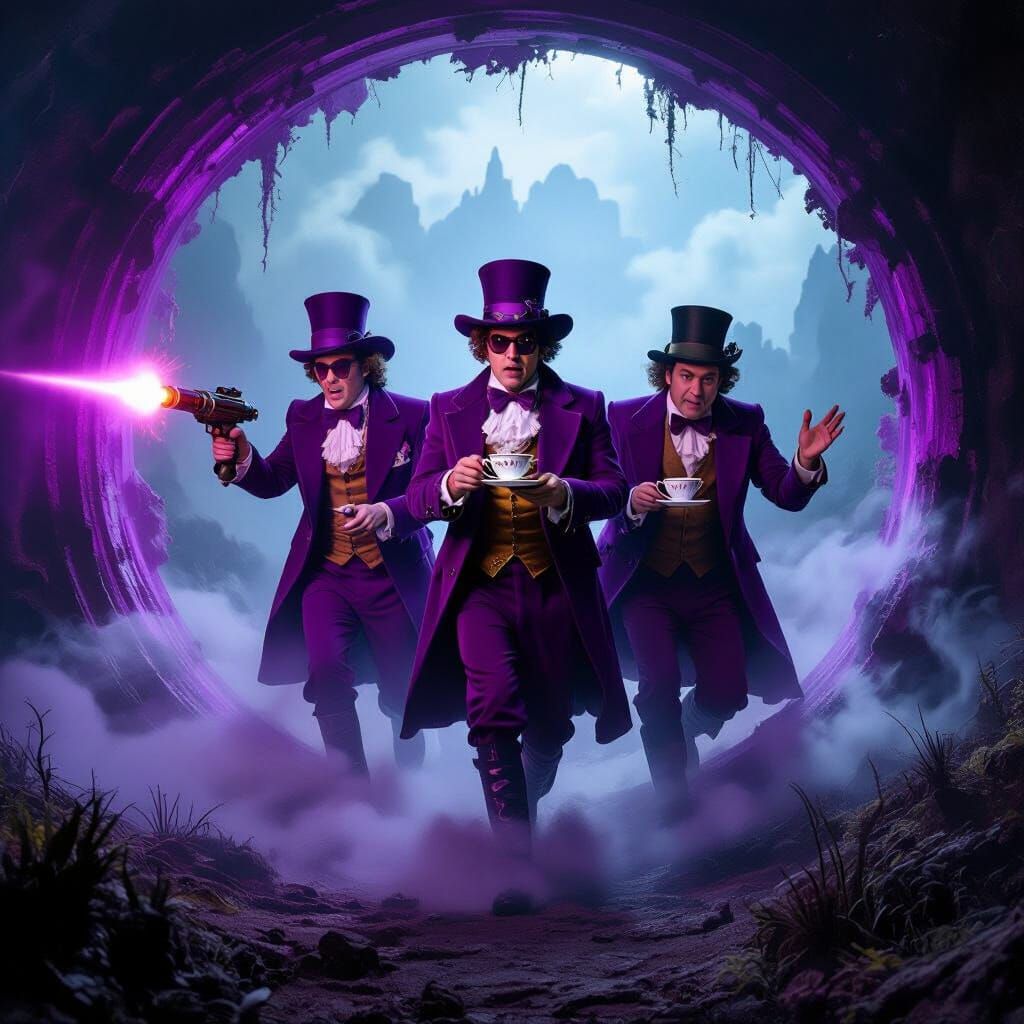 Time Travelers in Violet Amidst Lovecraftian Landscape