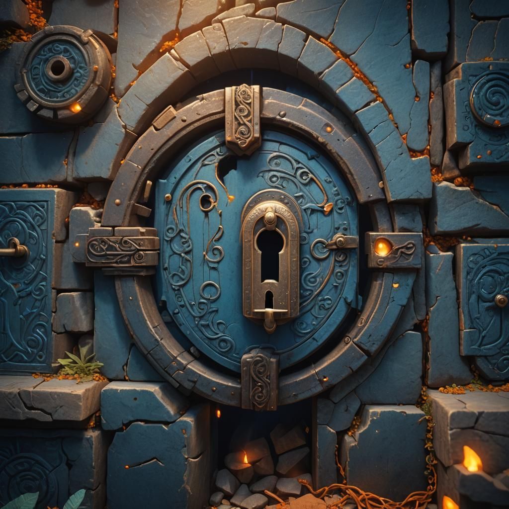 Mysterious Blue Lock in Ancient Setting, Unreal Engine 5
