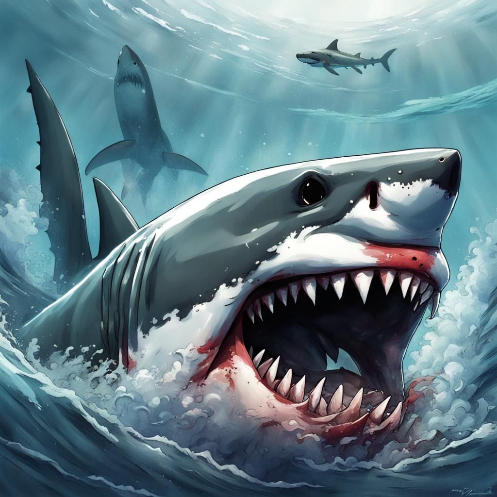 Megalodon Eats Great White Shark in Anime Style