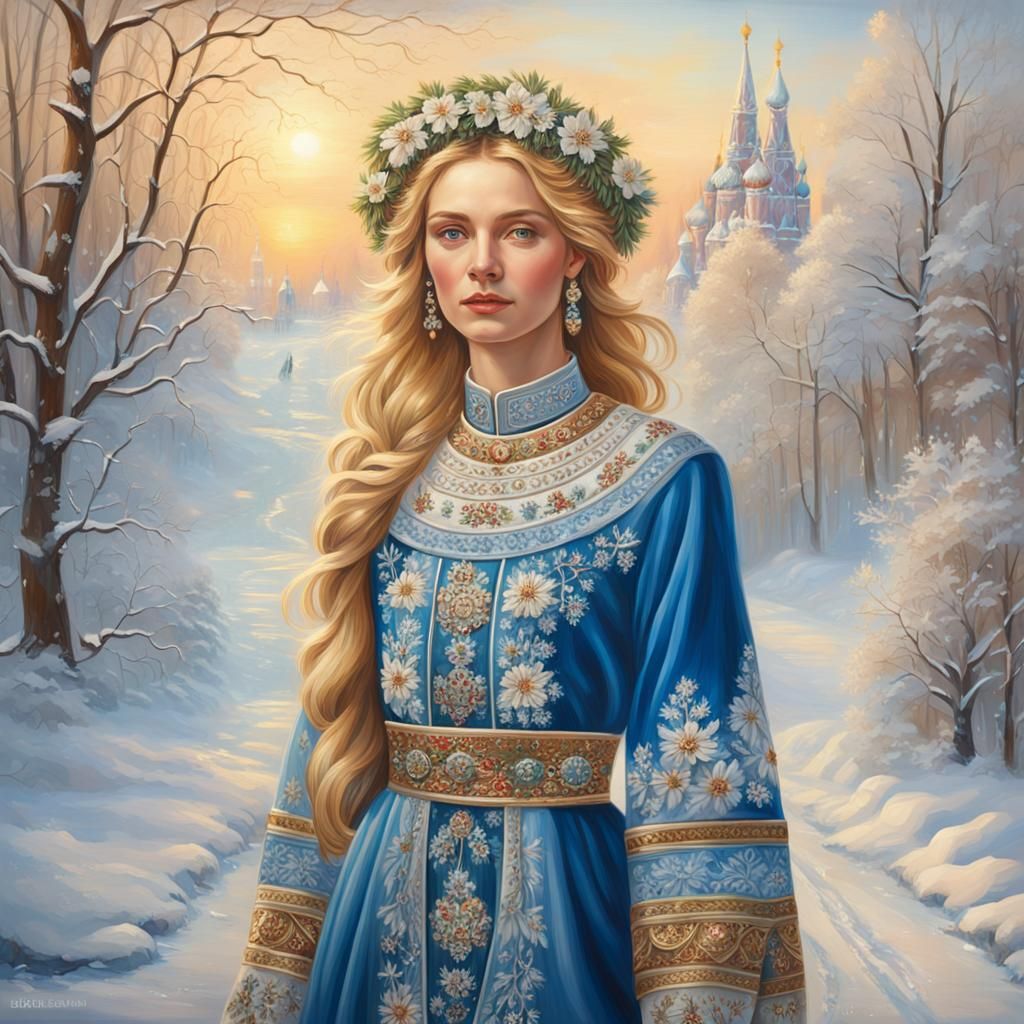 Russian Model in Snowy Winter Wonderland, Oil Painting