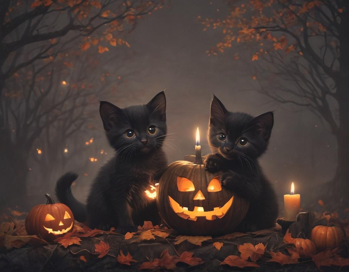 Kittens Carving Jack-o'-Lantern on Halloween Night