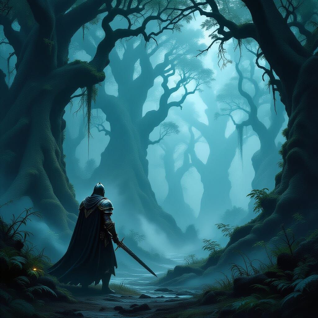 Knight at Ancient Forest Edge in Dark Fantasy Style