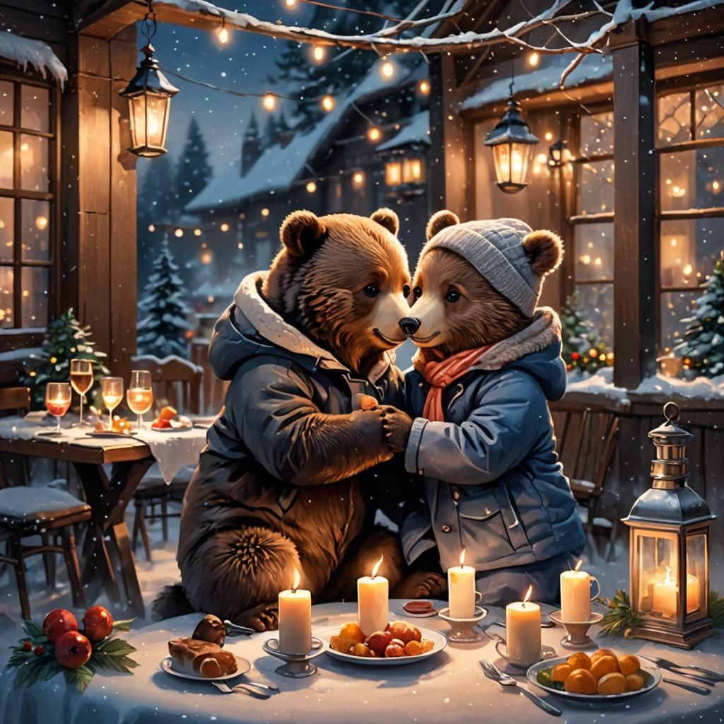 Loving bear couple at a romantic candlelit dinner
