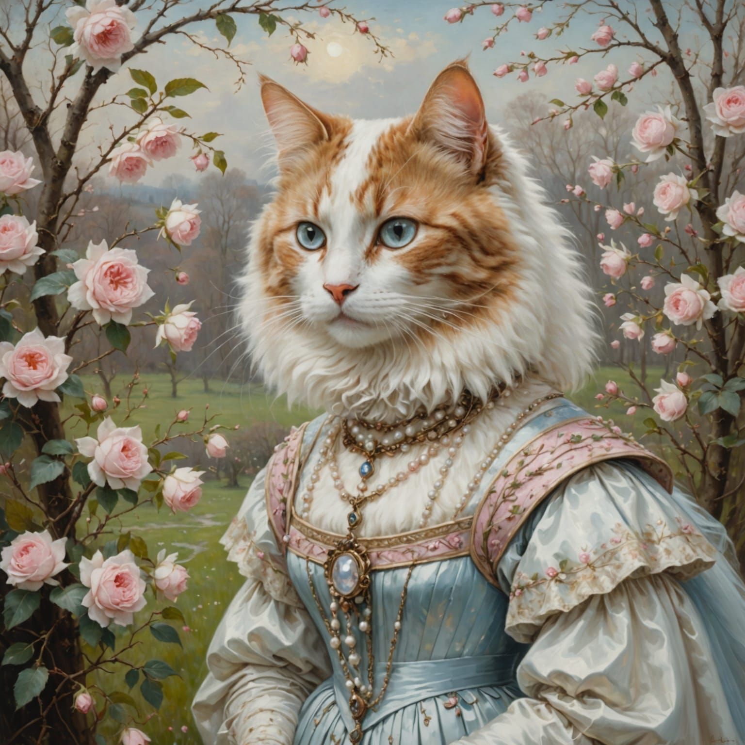 Fancy Cat in Gown: A Pre-Raphaelite Painting