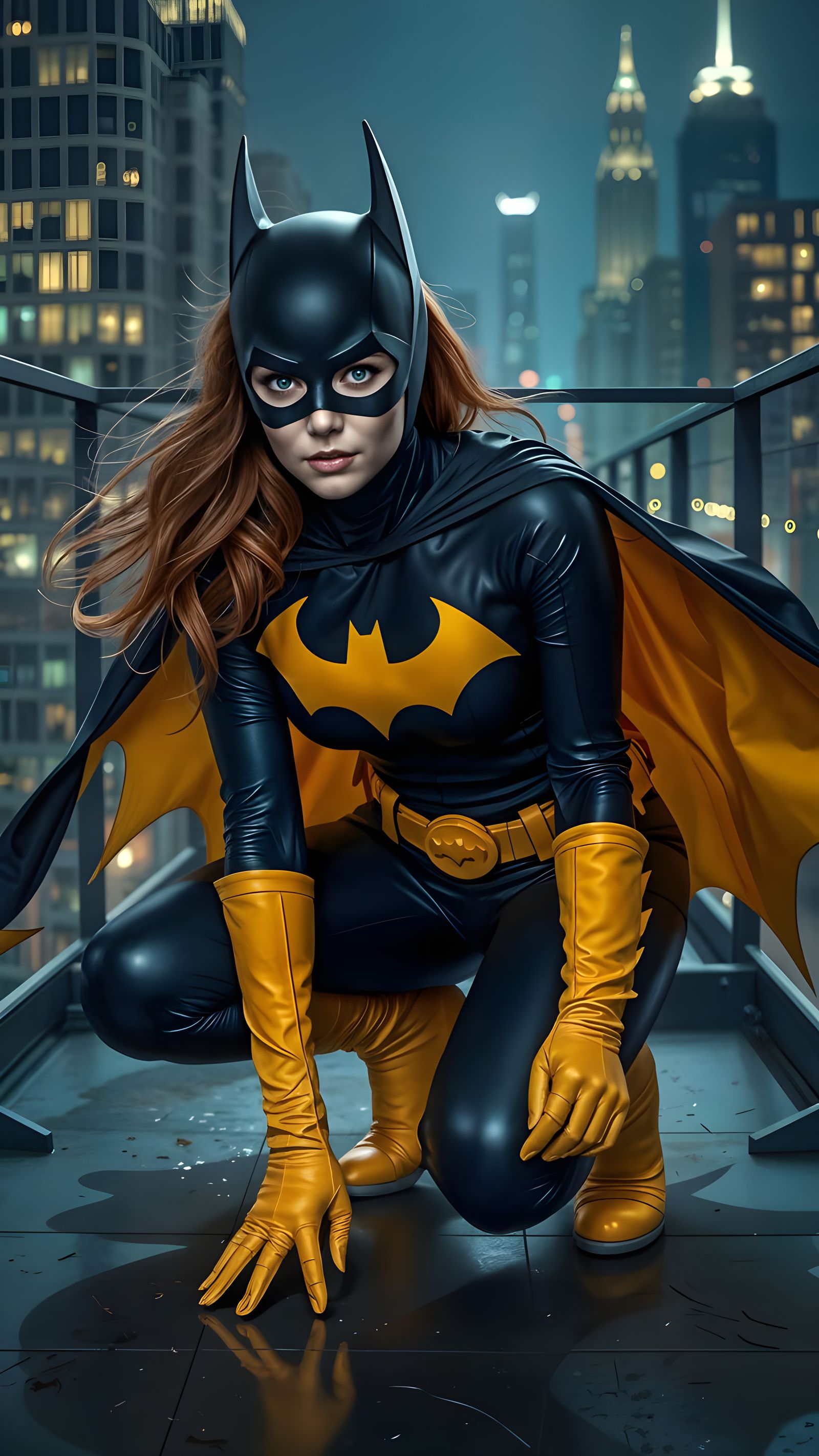 Gotham City's Caped Heroine Crouches in Elegant Batgirl Pose