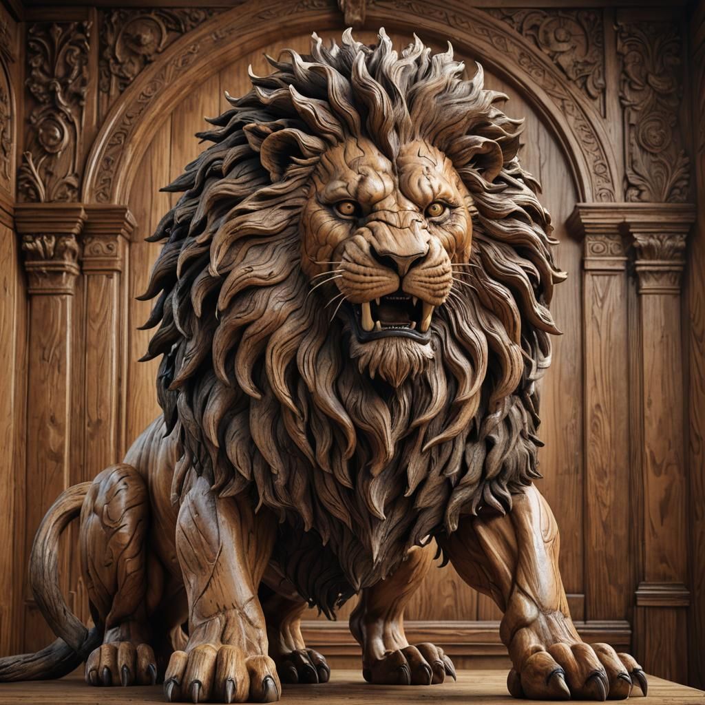A captivating 3D render illustration of a colossal wooden lion sculpture, exuding an aura of royalty and power. Its fier...