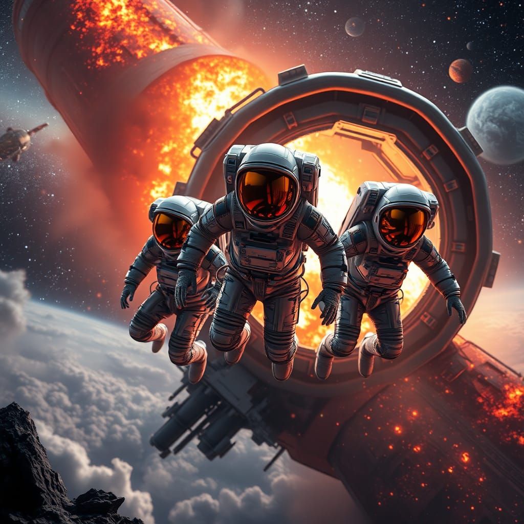 Three men in spacesuits falling out of a rocket ship 3D Game...