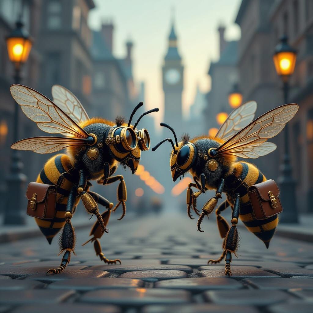 Giant Steampunk Bee Chases Mechanical Wasp in Victorian City