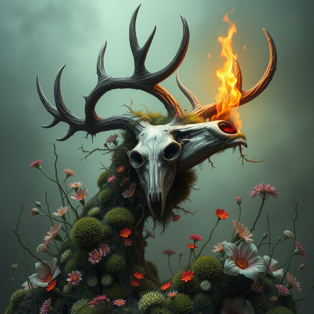 Ethereal Wendigo with Bioluminescent Flora, Digital Art