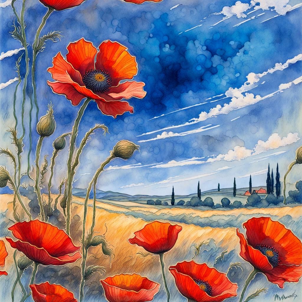 Desert Poppies Under Red Sun: Watercolor Illustration