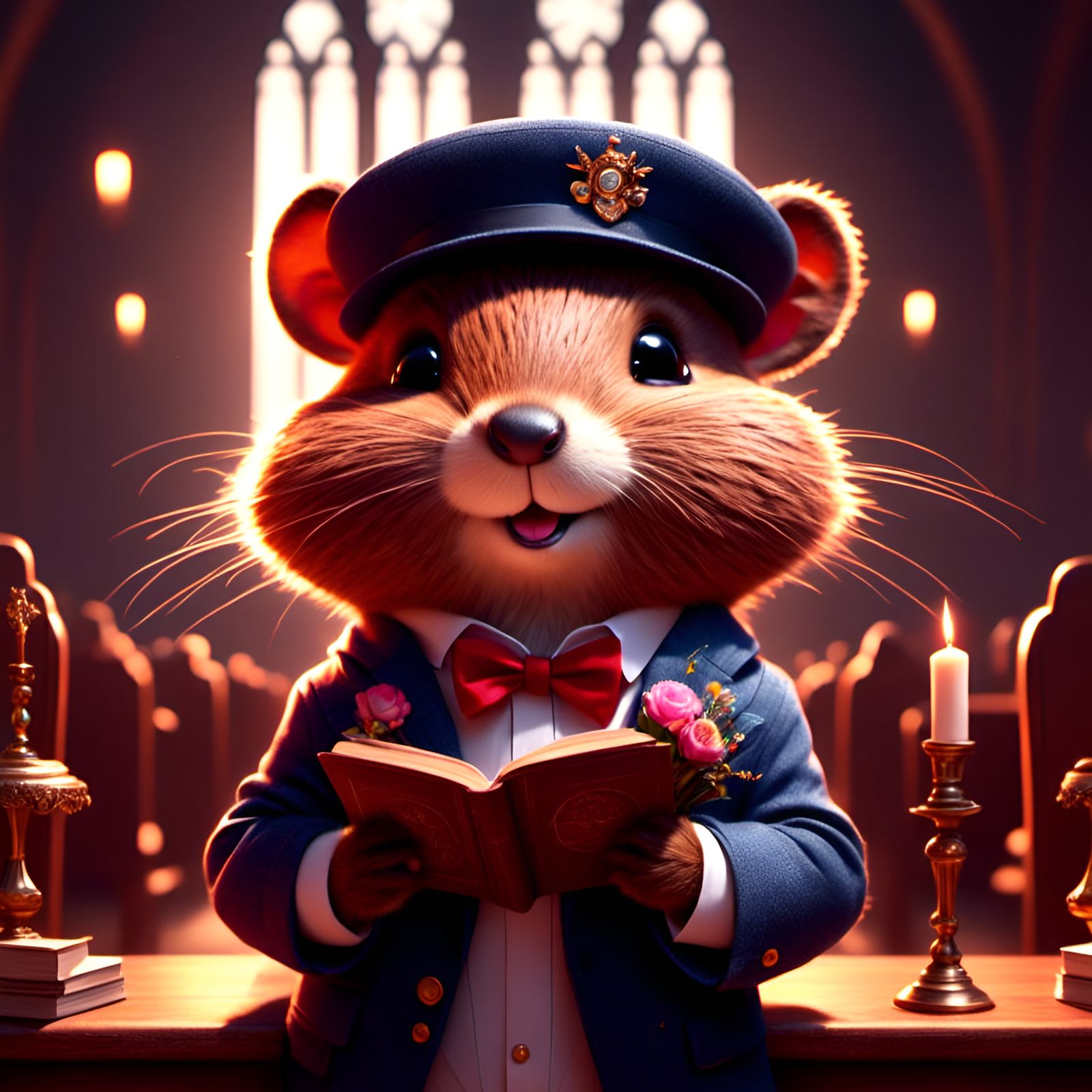 Adorable Chibi Beaver Portrait in Sunny Church