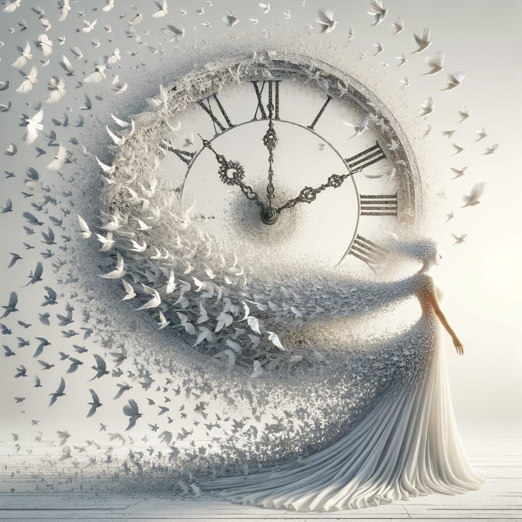 Elegant Woman Disintegrating into Light Spiral