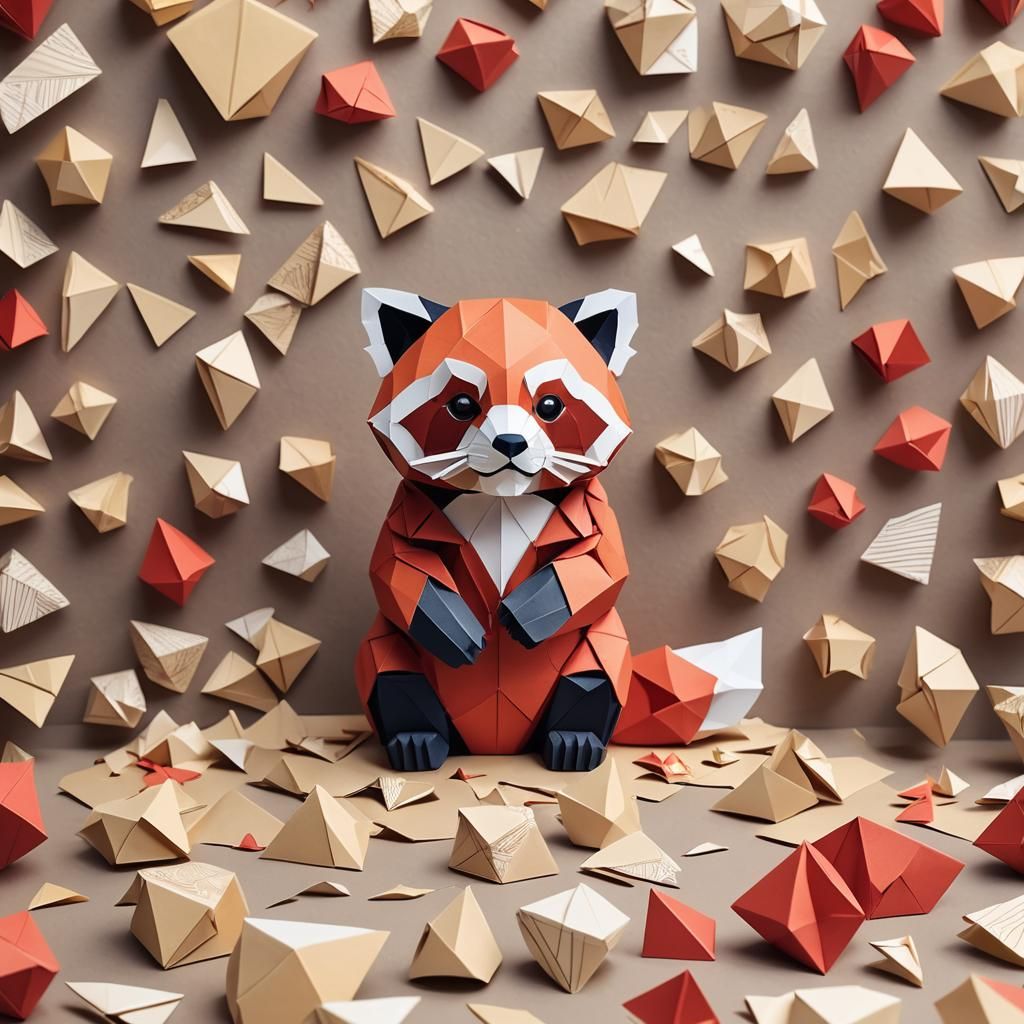 Vibrant Papercraft Red Panda on Origami Lamborghini