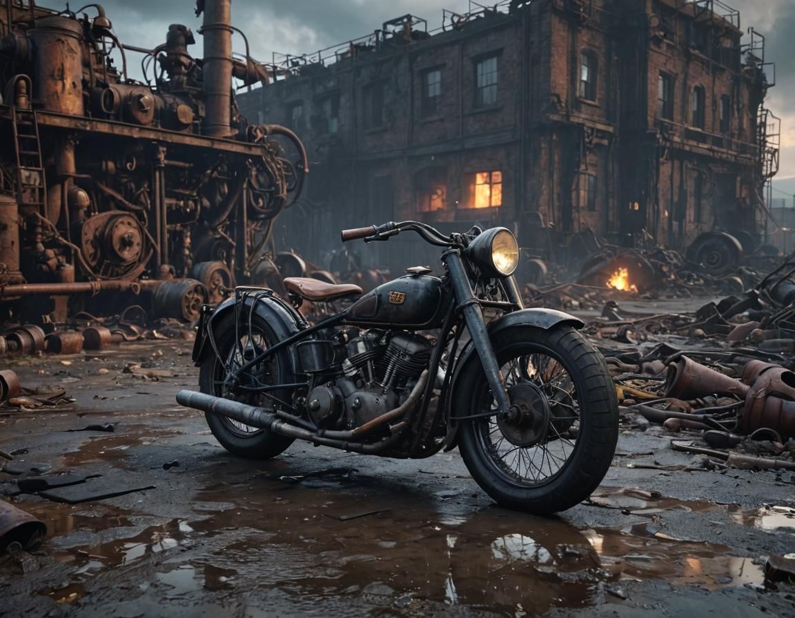 Grimdark Dieselpunk Motorcycle in Factory Ruins at Sunset