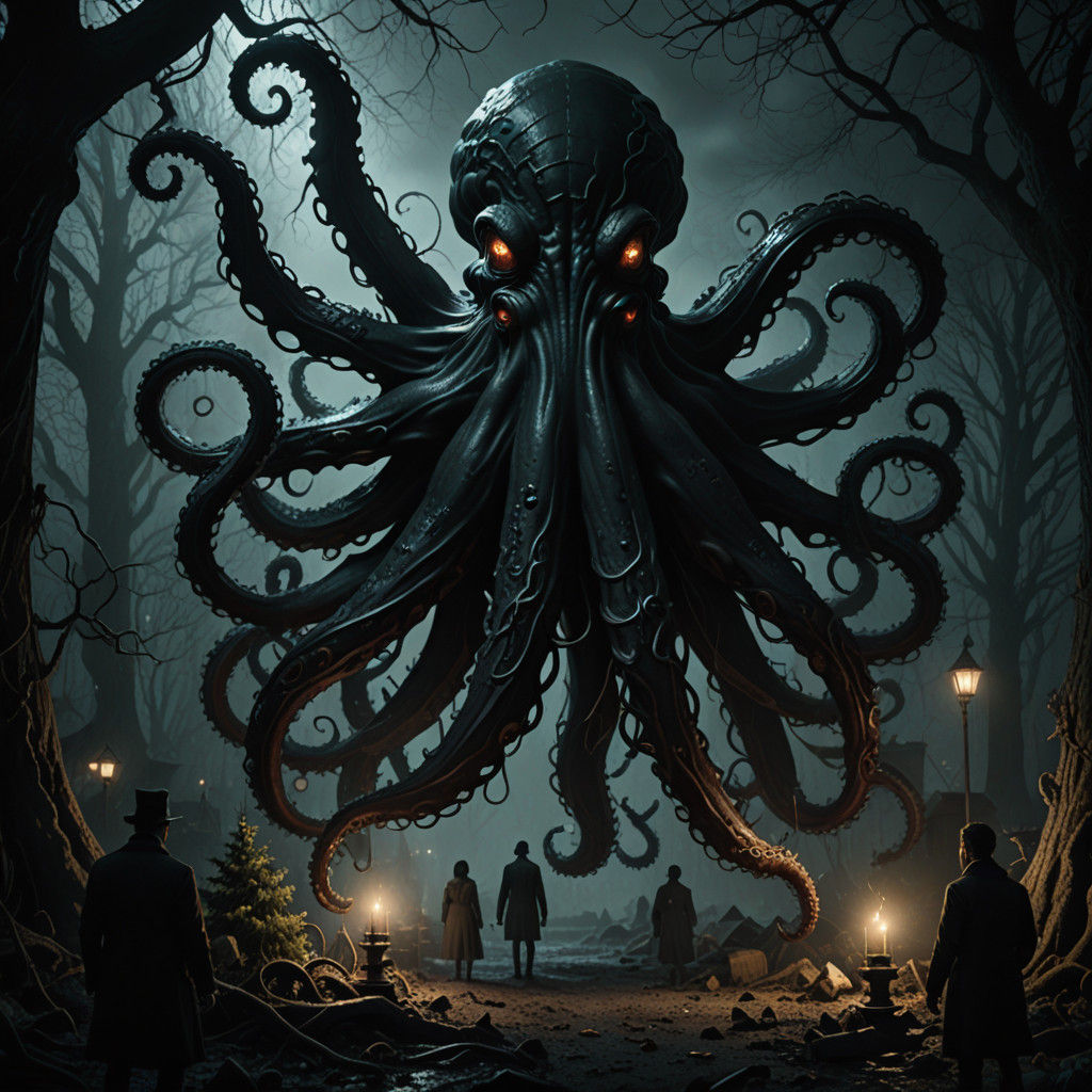 Monstrous Octopus Hugs Christmas Tree in Dark, Ominous Scene
