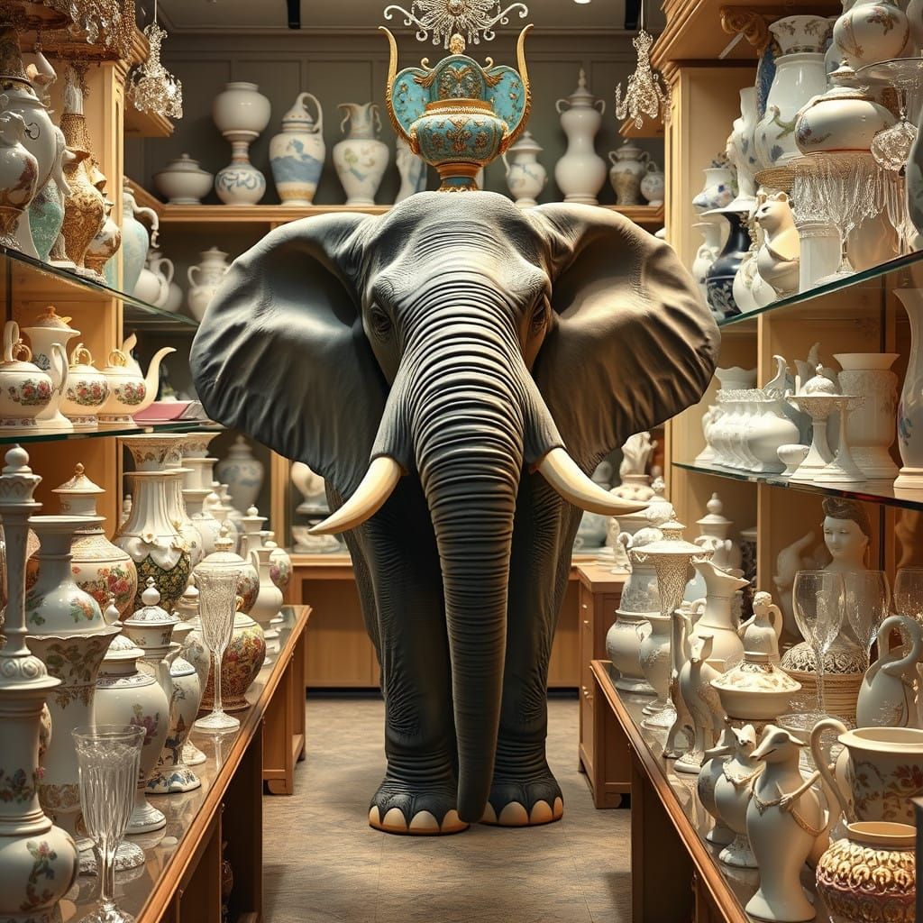 Elephant in Whimsical Porcelain Shop
