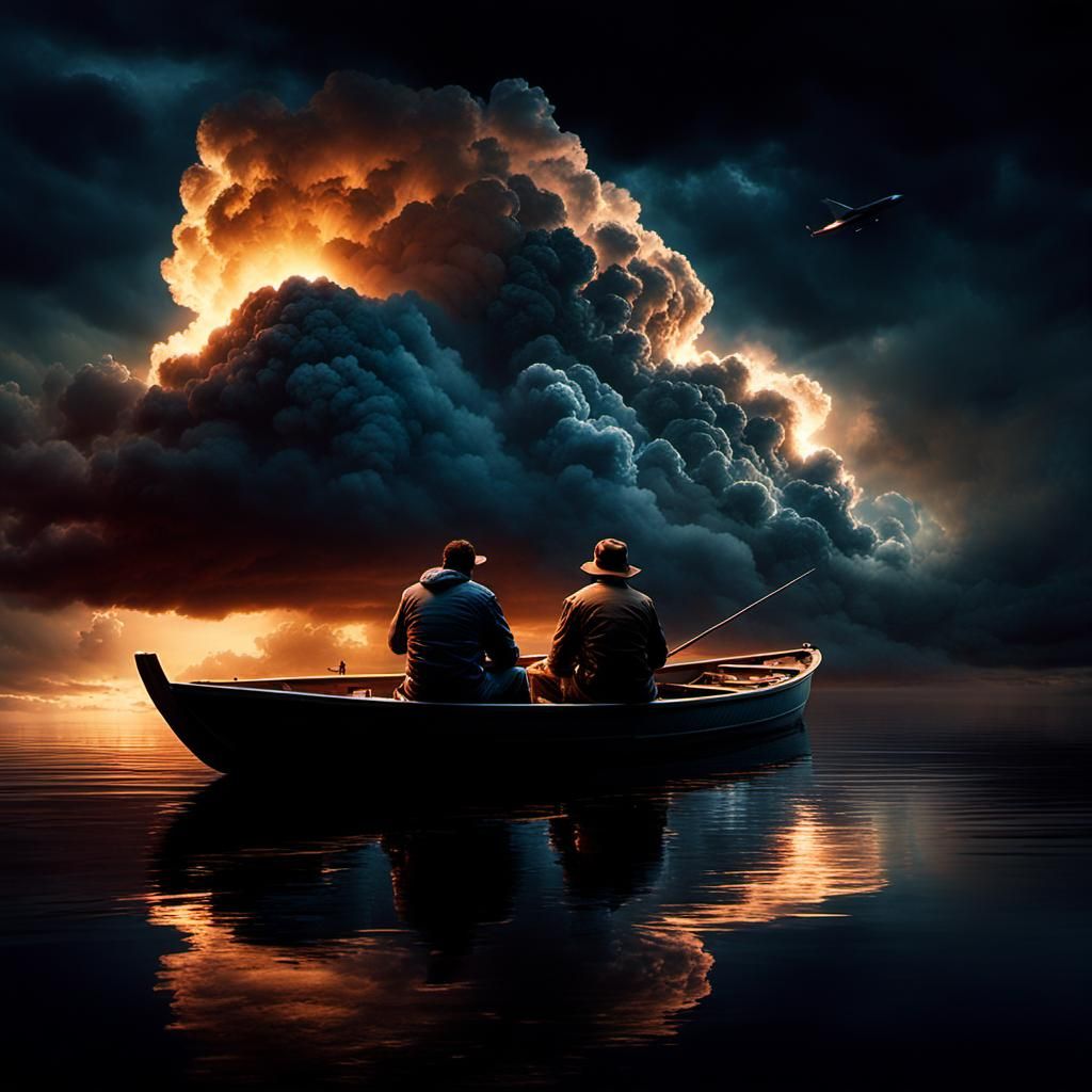 Men in Boat Under Cumulonimbus Clouds