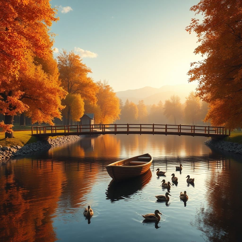 Tranquil Autumn River Scene in Hyper-Realistic Style