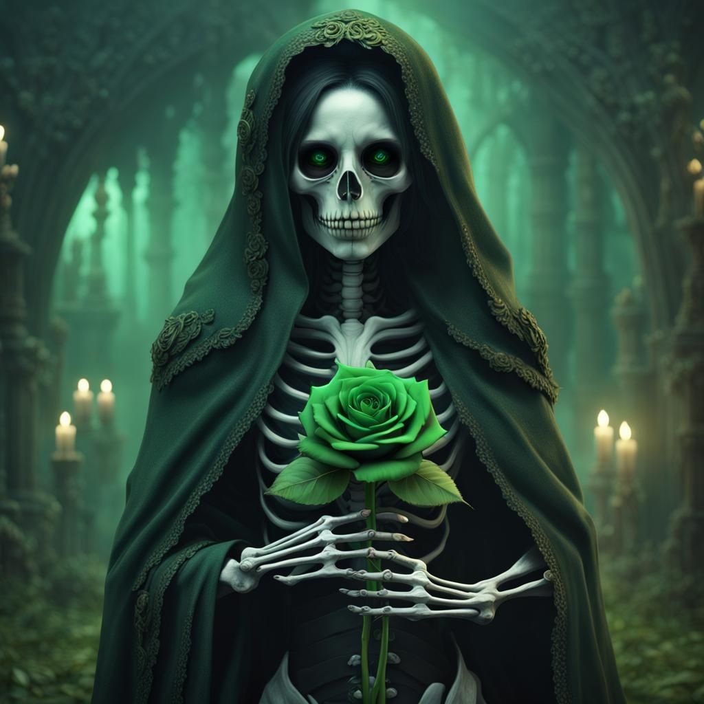 Ethereal Woman with Skeleton Face and Green Rose