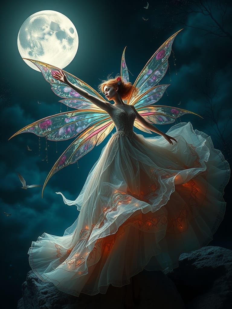 Dreamlike Fairy Dances Under Moonlight in Whimsical Surreal ...