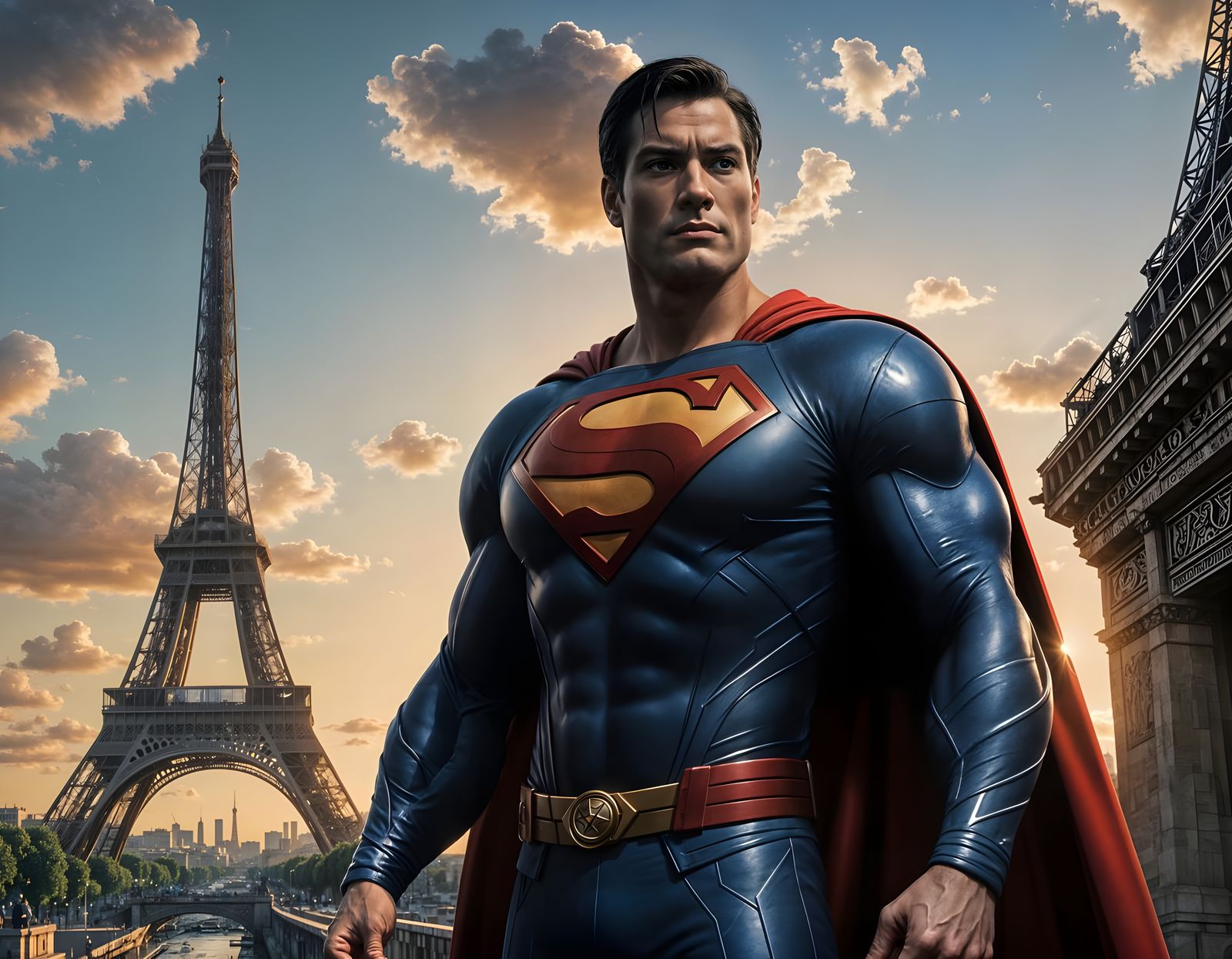 Superman in Paris: Hyper-Realistic Sunrise Image