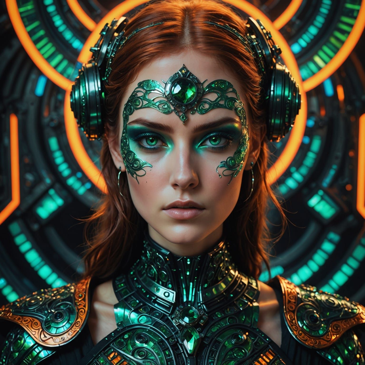 Cyberpunk Woman with Iridescent Clothing and Jewelry