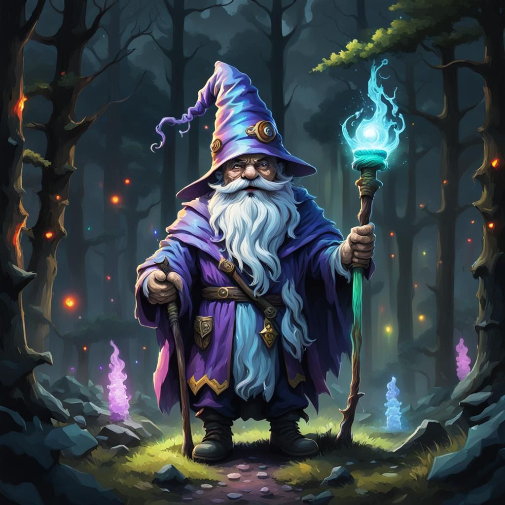 Wizard Gnome with Magical Staff in Forest, Sinister Style