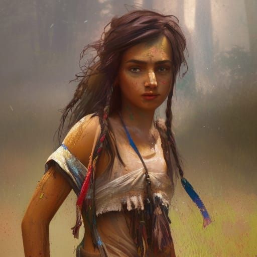 Young Roma Woman on Muddy Path, Hyperdetailed Art