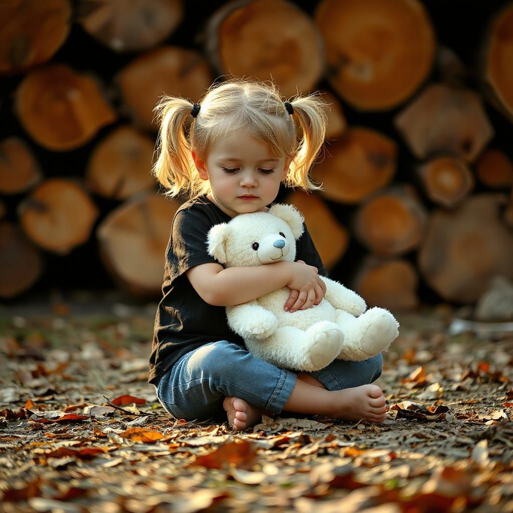 Girl Hugs Teddy Bear in Golden Hour Sunlight