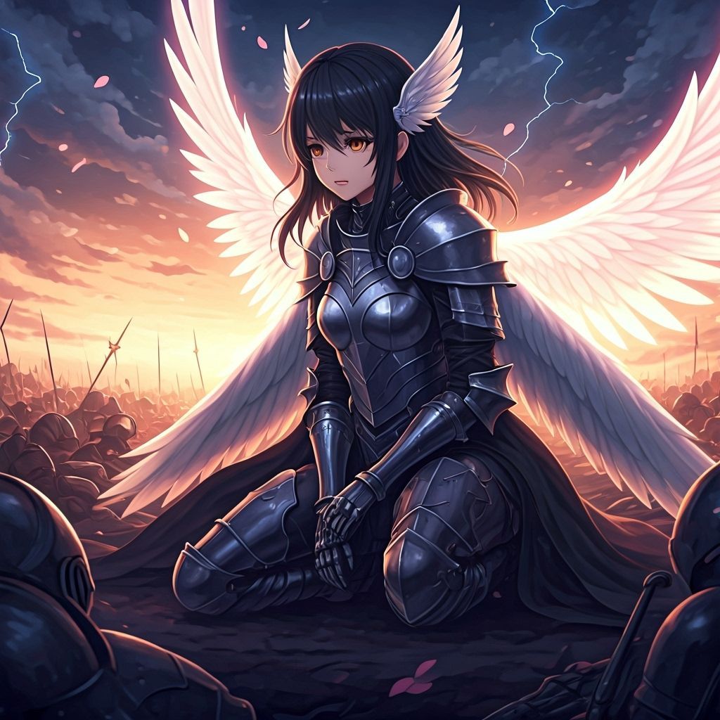 Anime Valkyrie on Battlefield with Glowing Wings