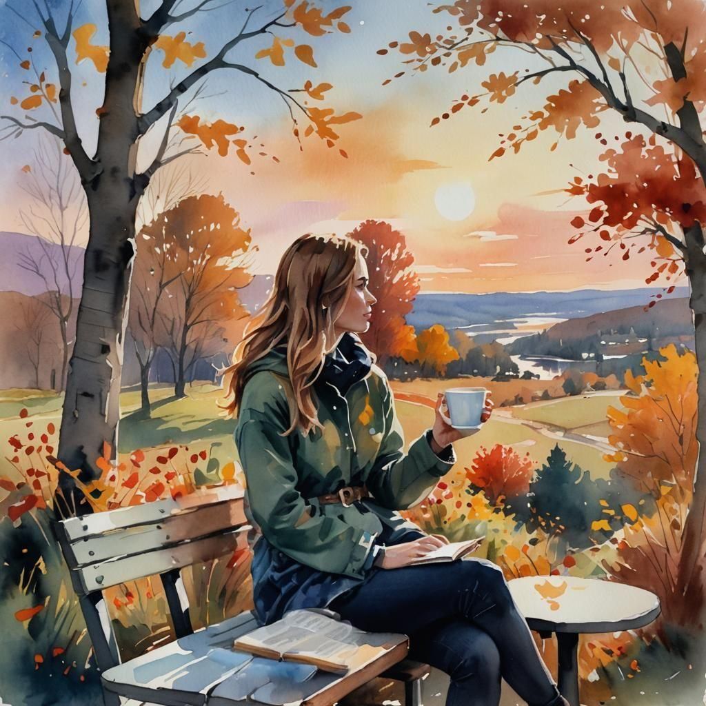 Girl, Coffee, Autumn Sky: Gouache Watercolor Painting
