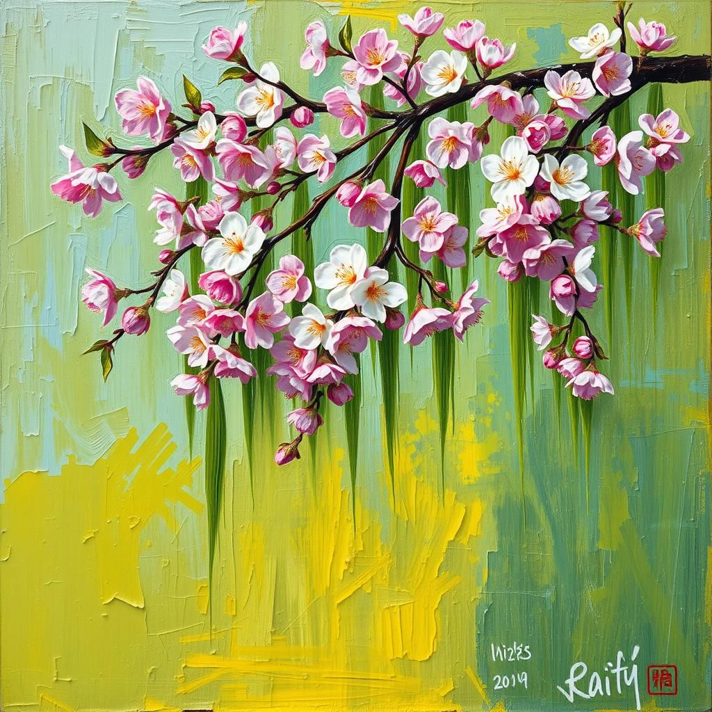 Neo-Impressionist Painting of Figures with Plum Blossoms