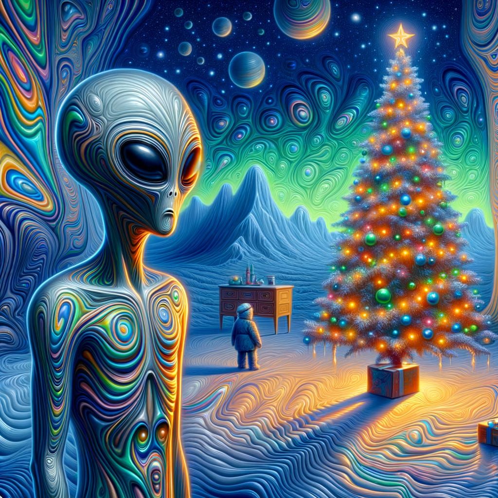 Psychedelic Alien Before Melting Christmas Tree in Surrealis...