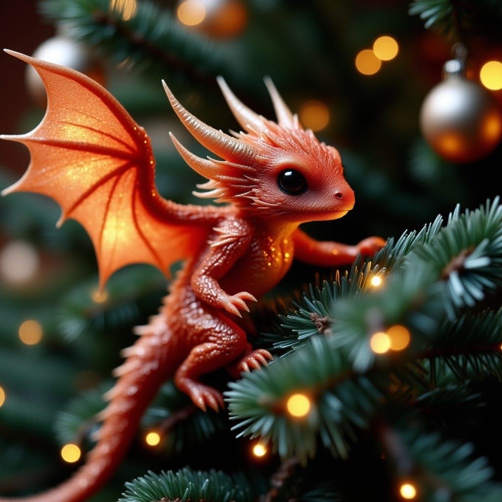 Cute Glittering Dragon Climbs Christmas Tree