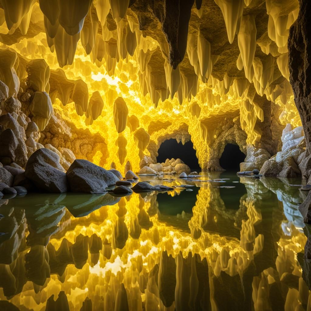 Realistic Yellow Crystal Cave with Natural Lighting