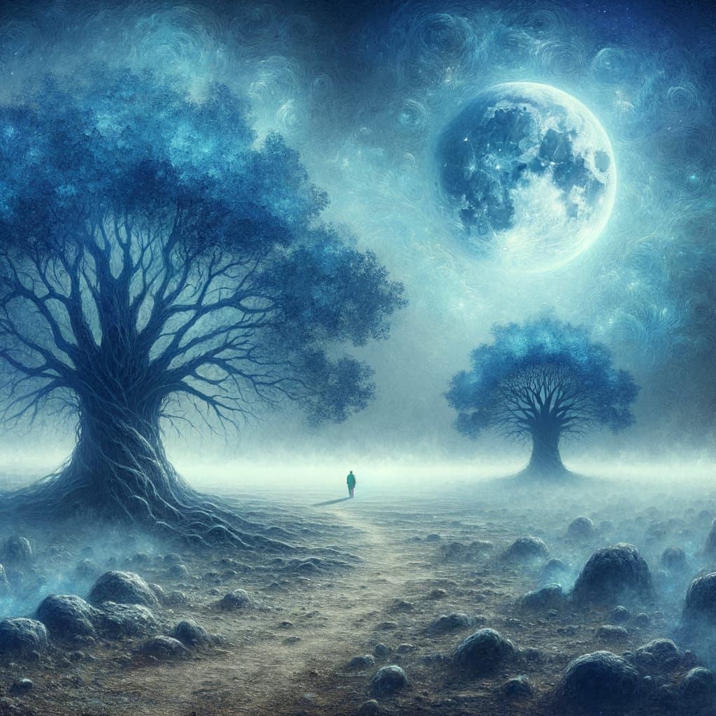 Mystical Blue Moonlit Field with Ancient Trees
