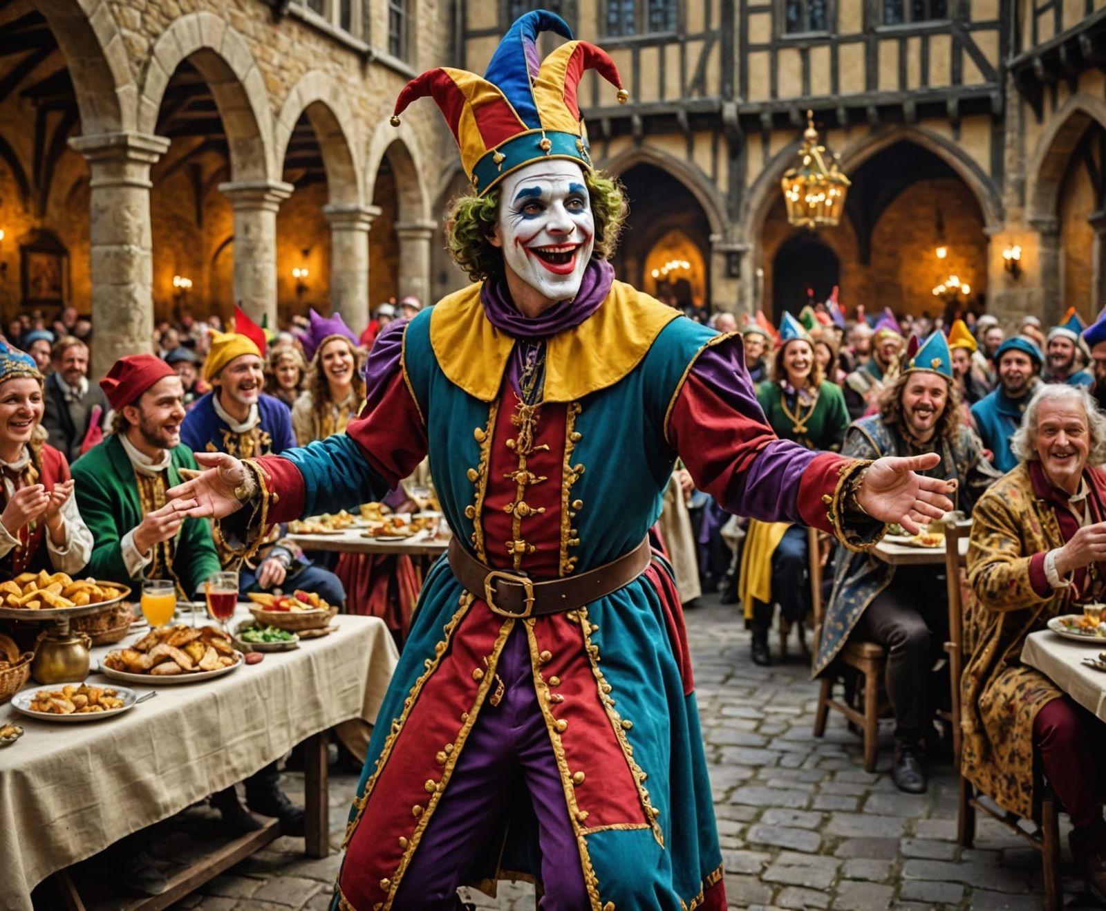 Jester Performs for Medieval Royalty in Vibrant Celebration