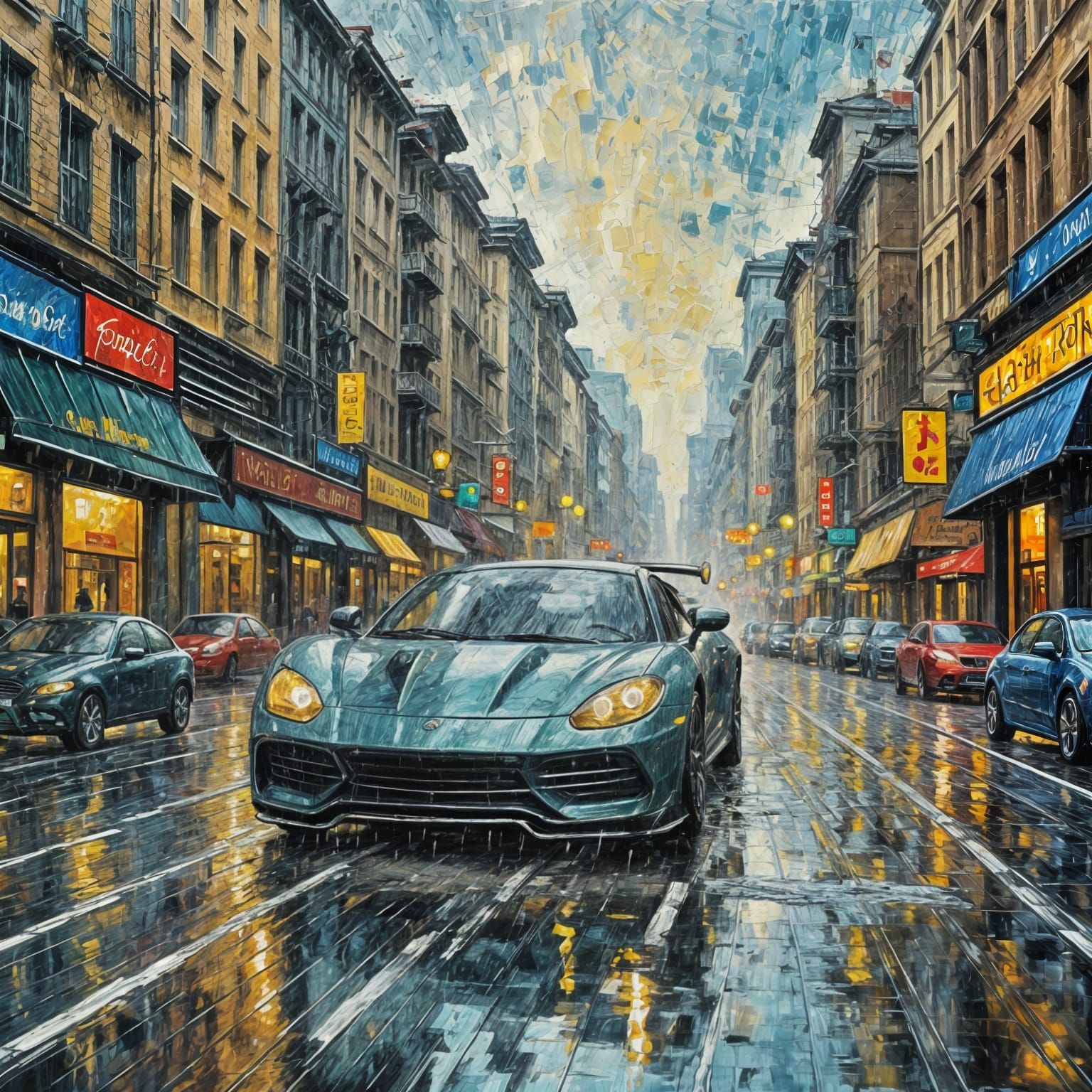 Supercar in Rainy City: Starry Night Impasto Painting