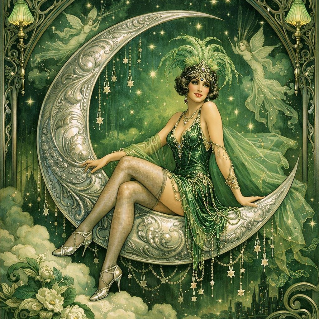 Art Nouveau 1920s Showgirl in Silver Halfmoon