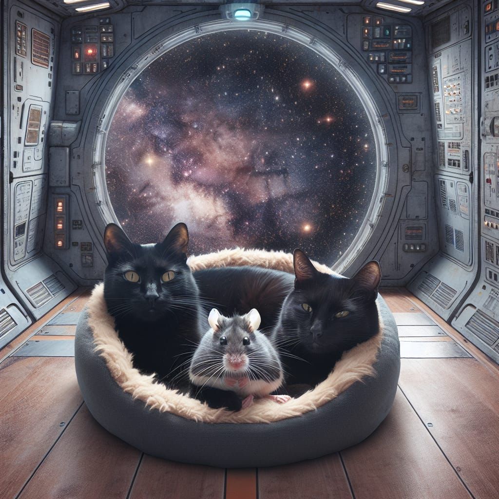 Cats and Hybrid Rodent Resting in Space Cabin