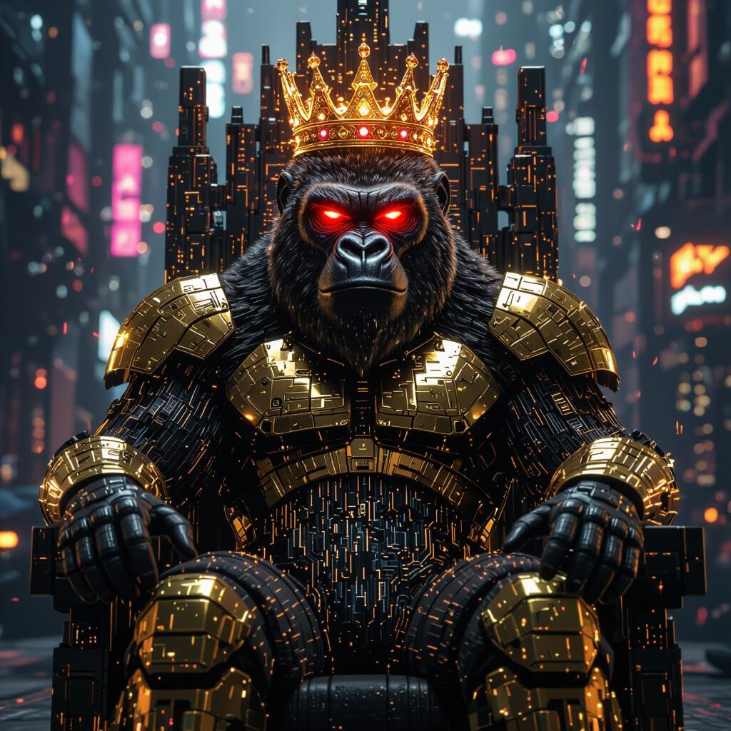 Cyber Gorilla with Diamond Crown in Dystopian Cityscape