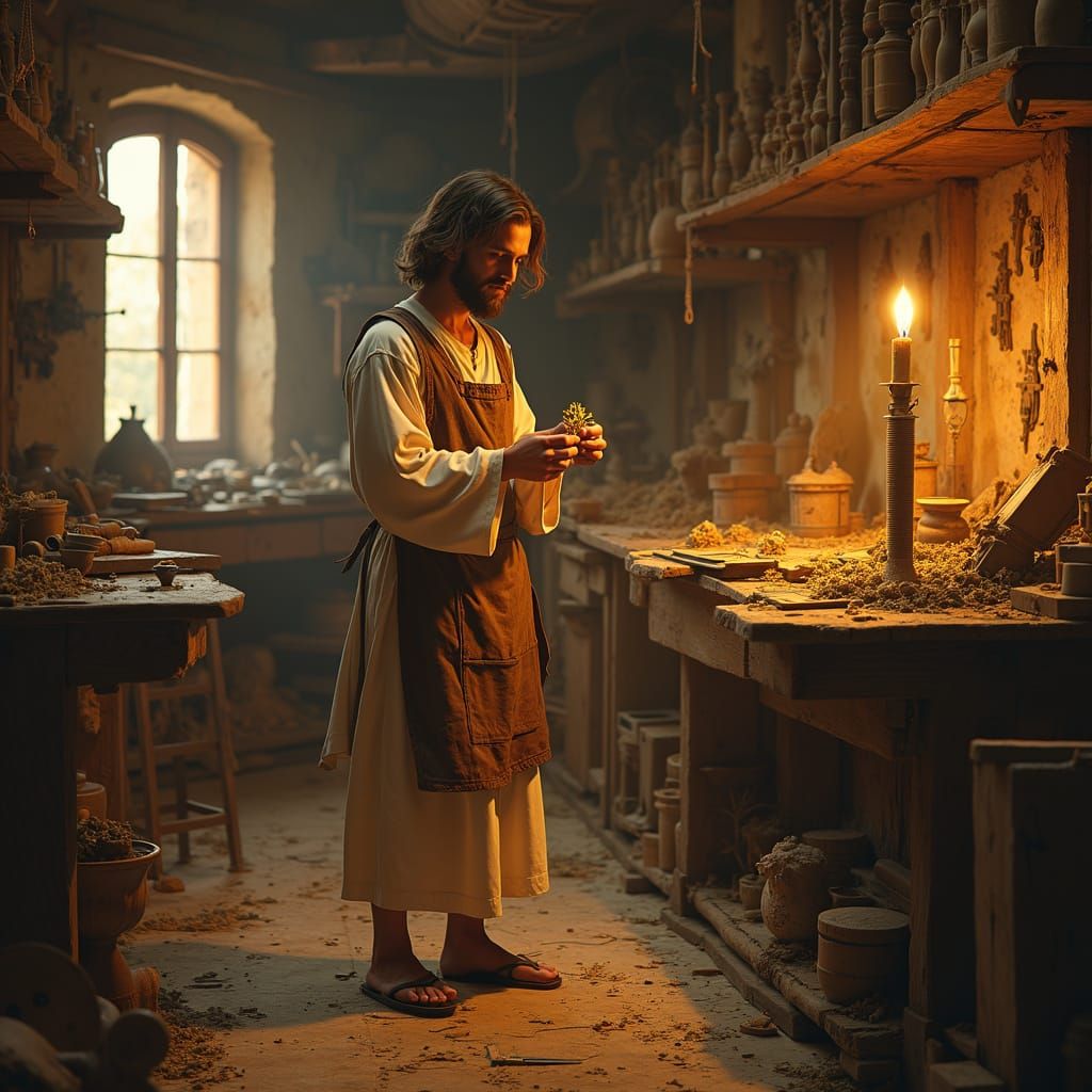 Young Jesus Christ in Carpentry Workshop, Nazareth, in a Fan...