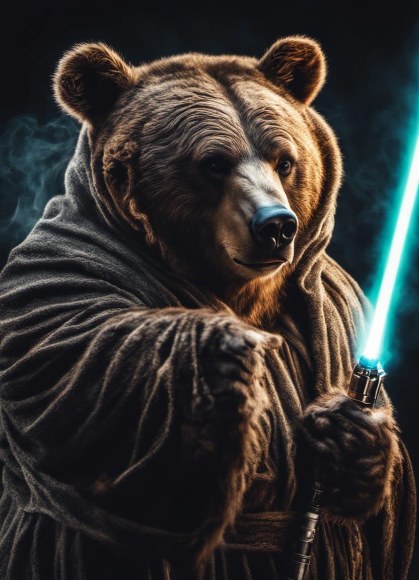Obese Bear Jedi with Lightsaber in Hyperrealistic Photo